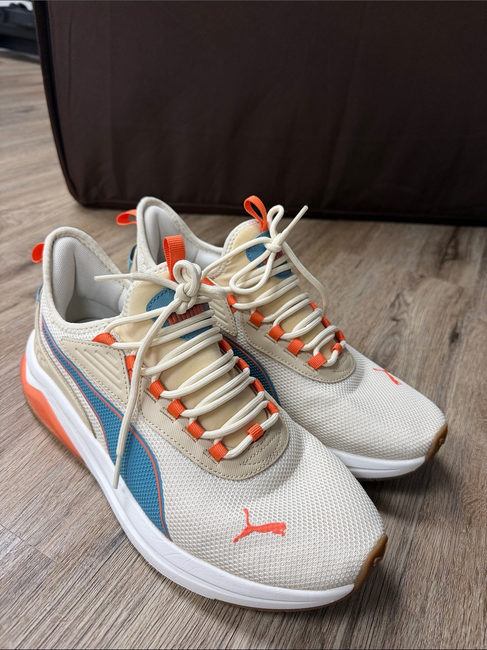Puma Cream and Teal Men's Sneakers with Orange Highlights